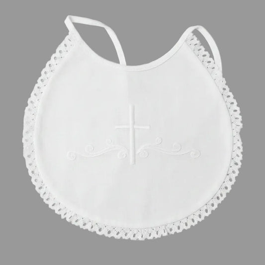 White Cotton Baptism Bib Embroidered Cross & Lace Canada actual photo FK
