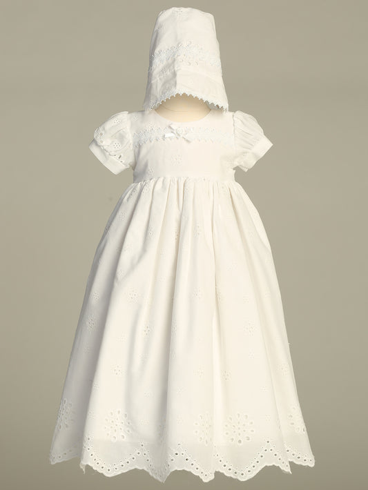 Cotton eyelet girls Baptism gown ideal for Baptisms or Christenings. Shop girls white cotton Baptism dress and gown. Shop Canada, buy in greater Toronto area.