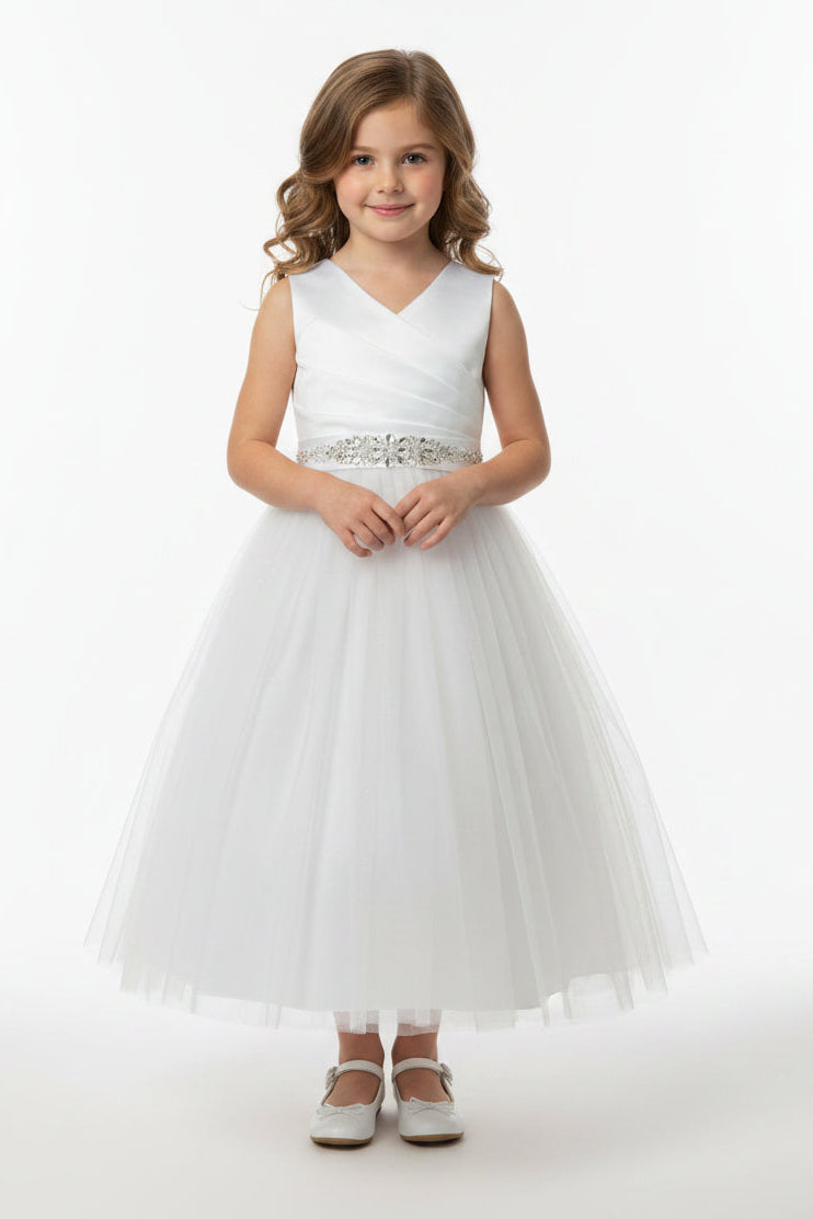 Classic Satin Wrap Girls Dress Tea Length Dazzling Crystal Belt Canada