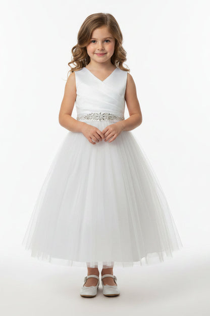 Classic Satin Wrap Girls Dress Tea Length Dazzling Crystal Belt Canada