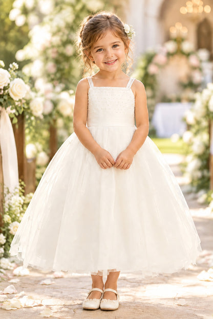Fancy Dainty Pearl Top Girls Tea Length Dress White Ivory Canada