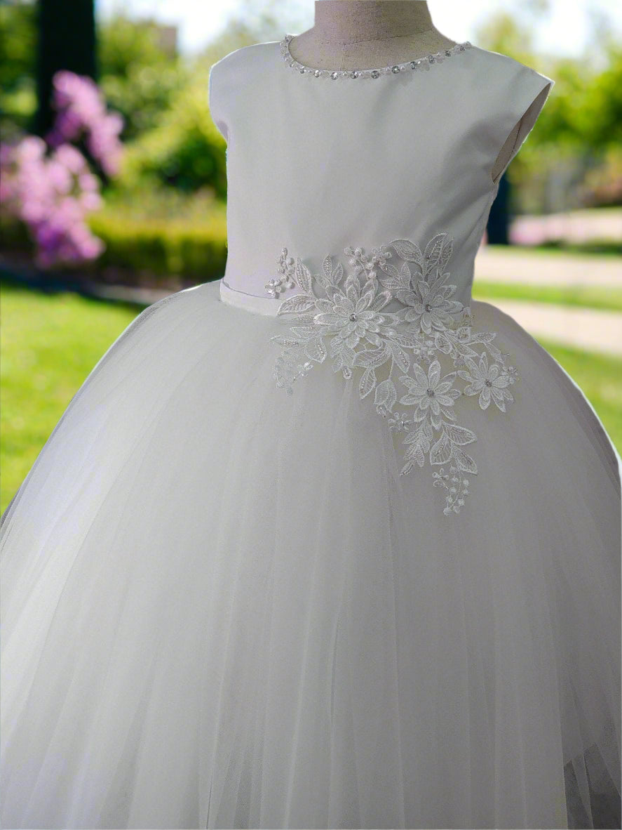 Pearl And Crystal Neckline Girls Dress With Waist Appliqué
