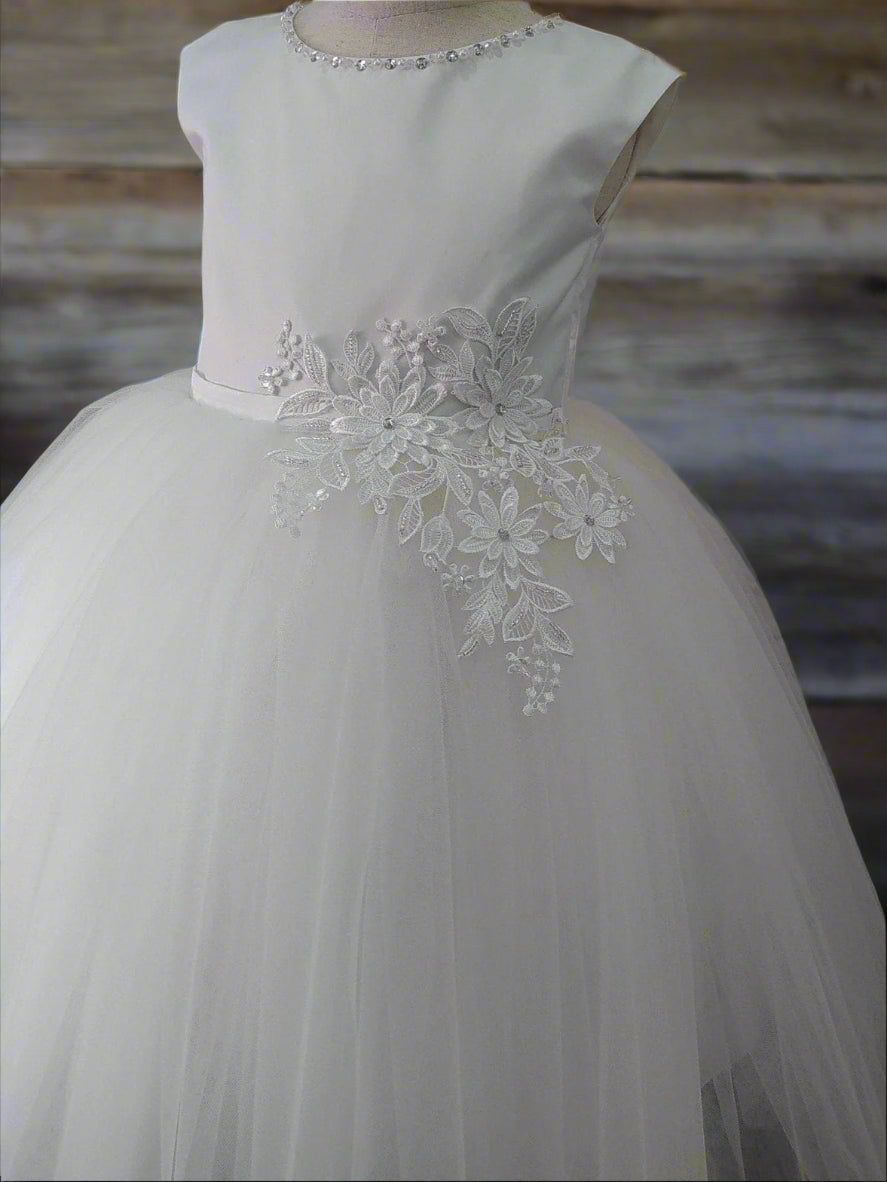 Pearl And Crystal Neckline Girls Dress With Waist Appliqué