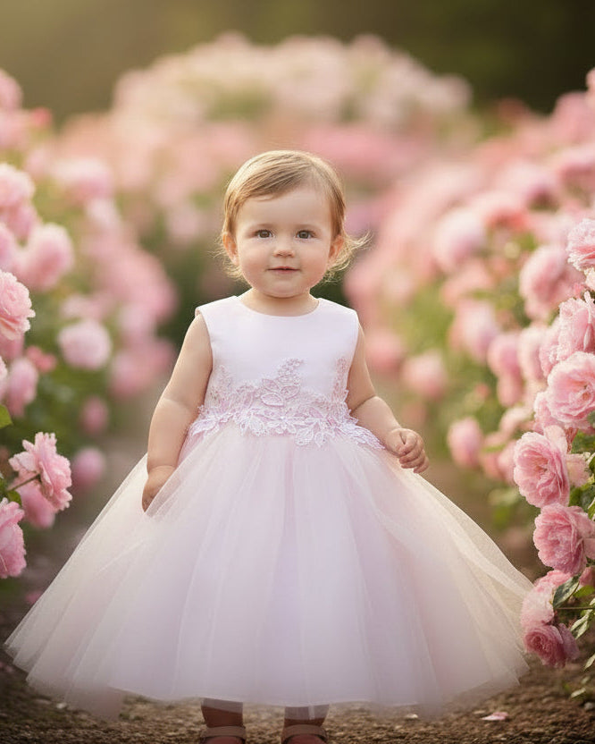 fk Pearl Neckline Girls Dress Pink Front View