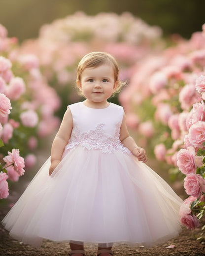 fk Pearl Neckline Girls Dress Pink Front View