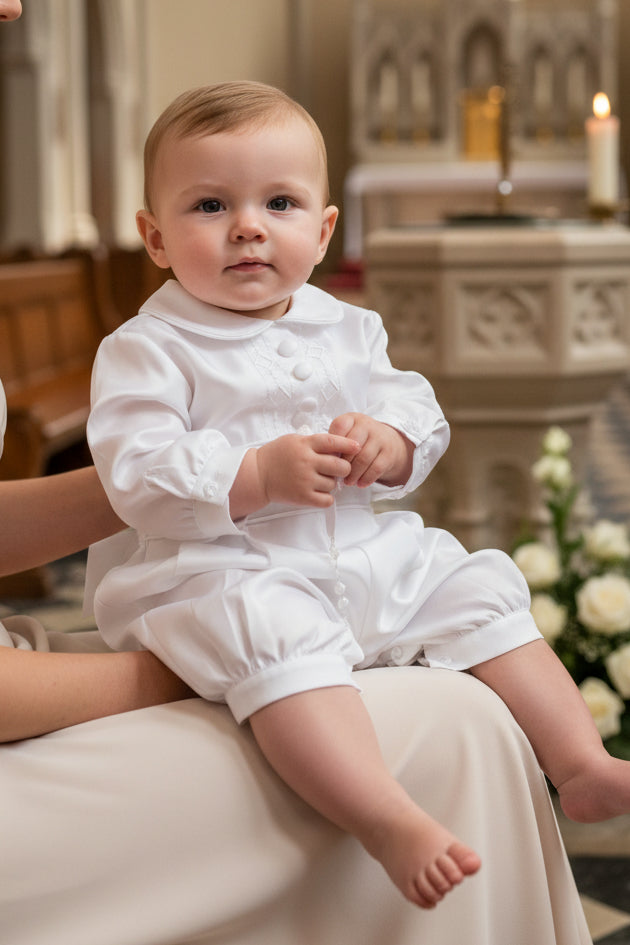 Fancy Boys Embroidered Baptism Knicker Romper & Vest White Canada