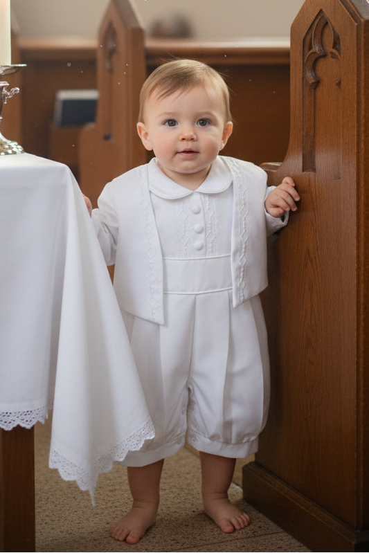 Fancy Boys Embroidered Baptism Knicker Romper & Vest White Canada