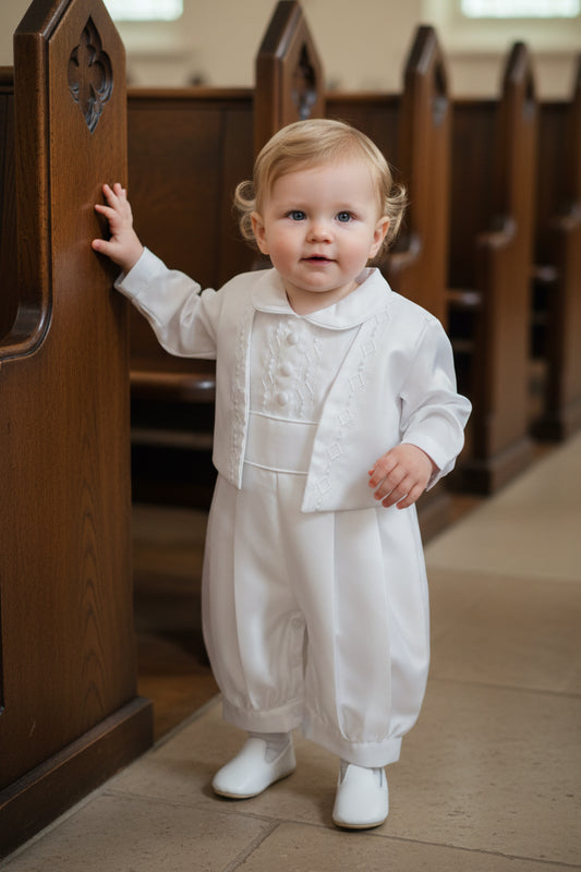 Fancy Boys Embroidered Baptism Knicker Romper & Vest White Canada