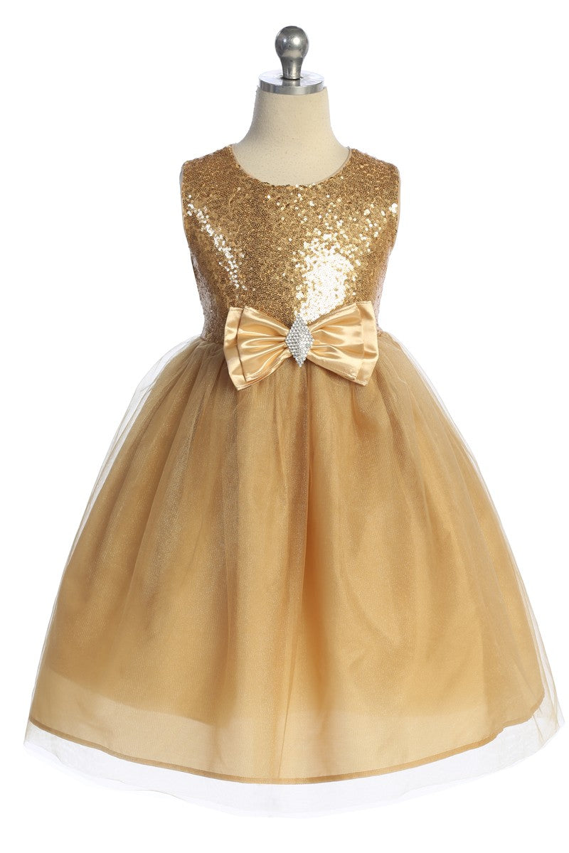 Dazzling Sequin Top Girls Dress With Jeweled Bow