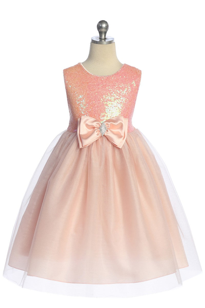 Dazzling Sequin Top Girls Dress With Jeweled Bow