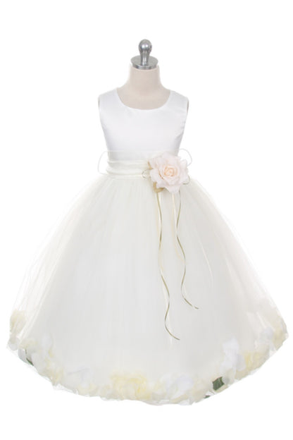 Classics Flower Petal Girls Dress With Sash - White & Ivory