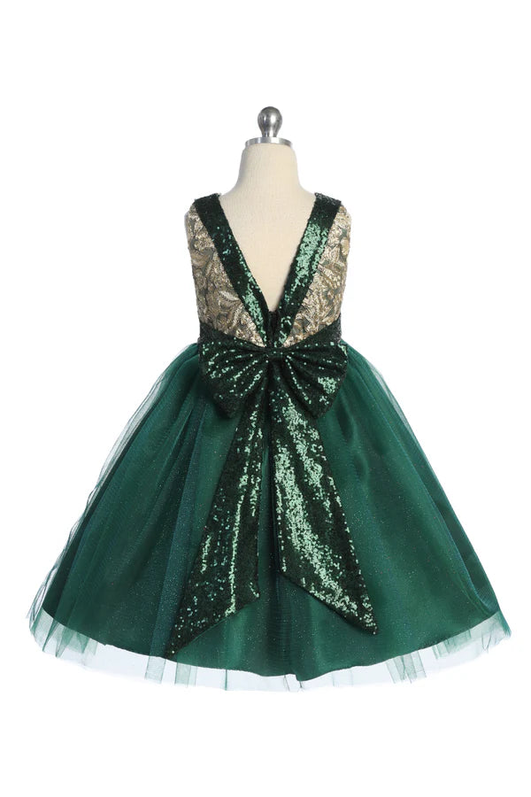 Gold Embroidered Lace V Back & Bow Girl Dress