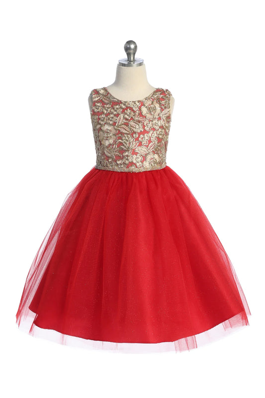 Gold Embroidered Lace V Back & Bow Girl Dress