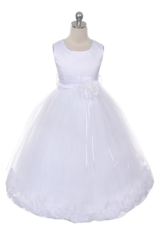 Classics Flower Petal Girls Dress With Sash - White & Ivory