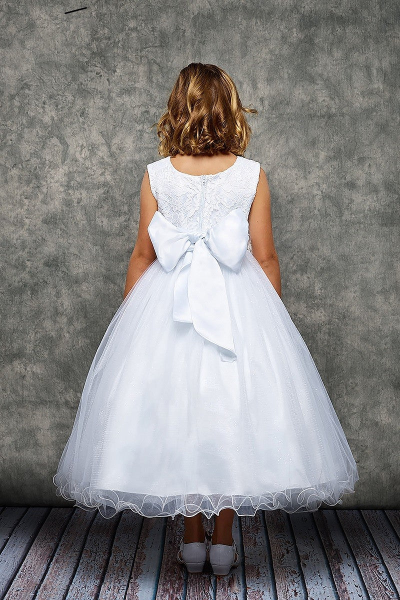 Lace & Glitter Tulle Girls Dress - Ivory & White