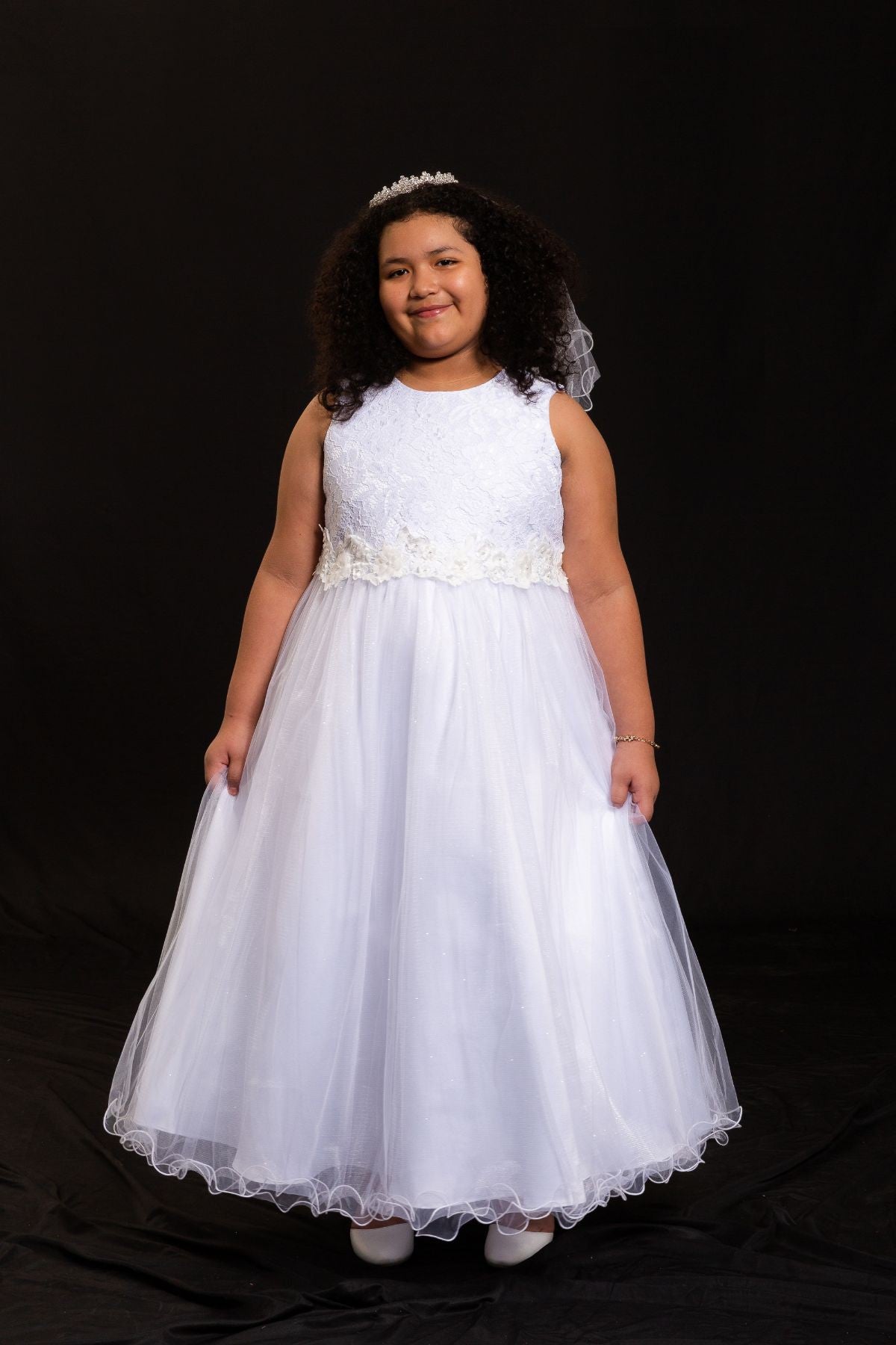Lace & Glitter Tulle Girls Dress - Ivory & White