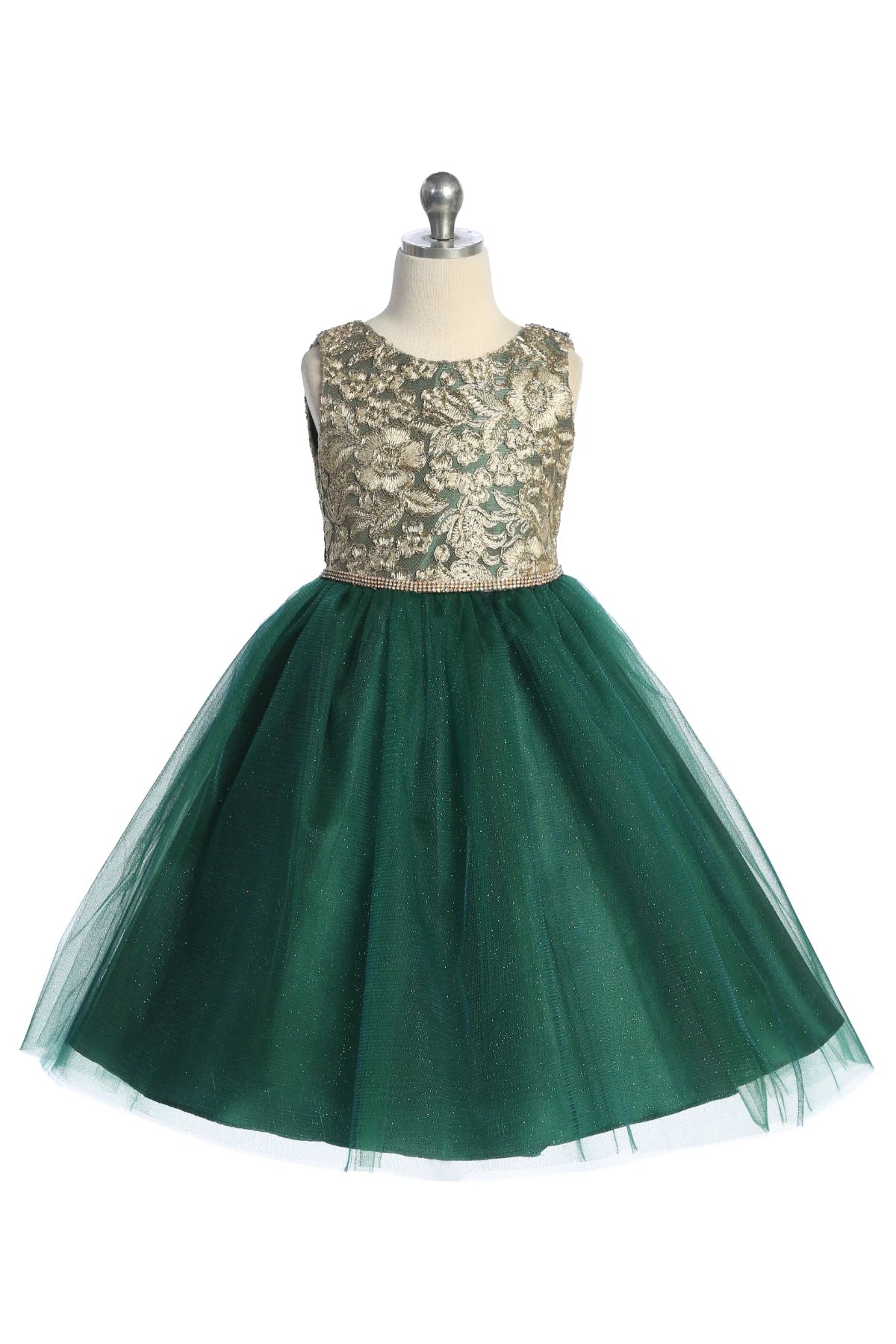 Gold Embroidered Lace V Back & Bow Girl Dress
