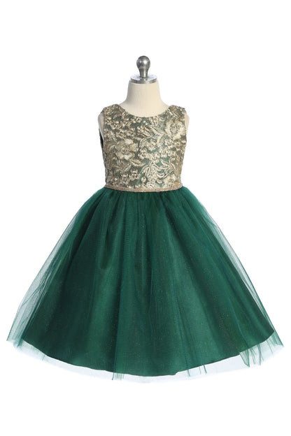 Gold Embroidered Lace V Back & Bow Girl Dress
