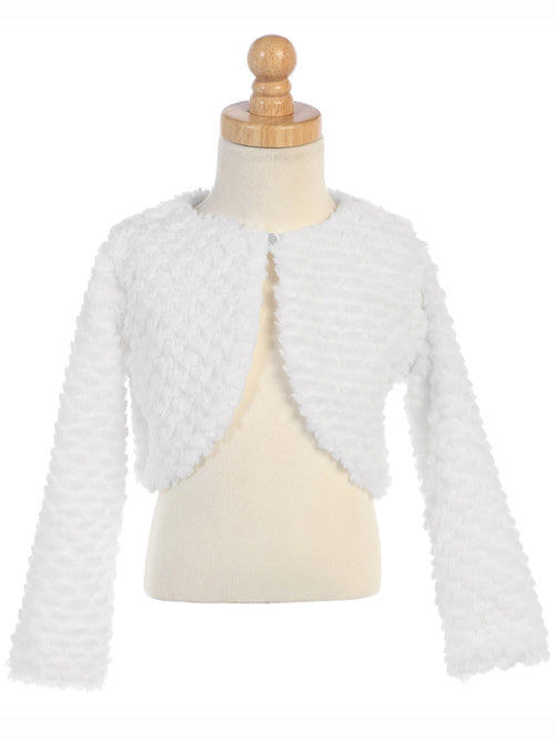 Cuddle Fur Bolero is a darling &nbsp;fluffy super soft cuddle fur bolero. Button top closure. Would be great over any of our dresses and this is the kind of bolero that can be worn over Flower Girl dress, First Communion dress, Christening dress, Baptism dress, party dress