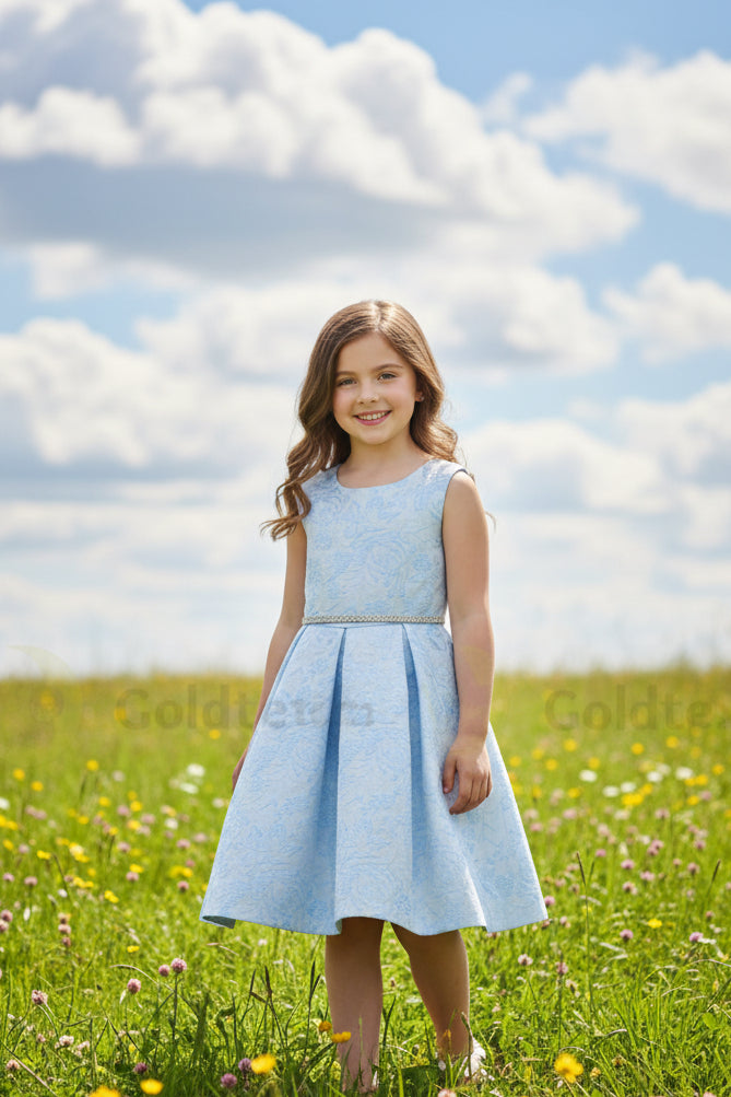 Fancy Jaccard Box Pleat Girls Party Dress Multi Colour Canada light blue