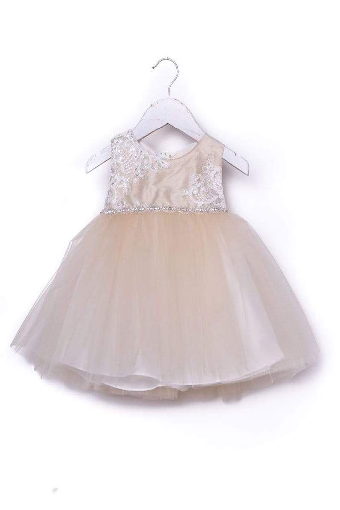 Luxurious Jaccard Top Baby Dress with Beaded Applique White & Ivory