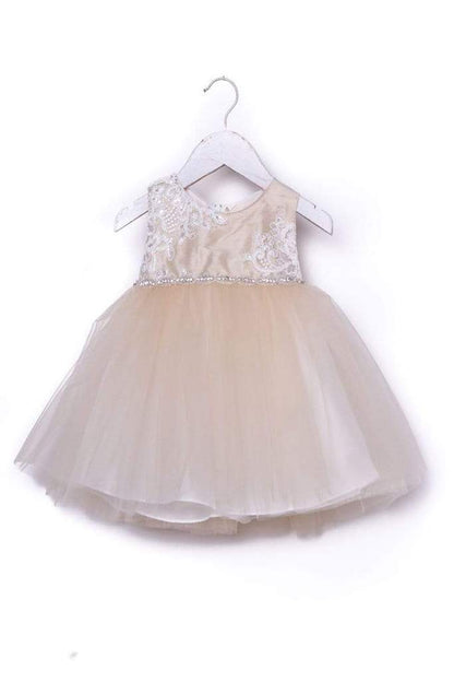Luxurious Jaccard Top Baby Dress with Beaded Applique White & Ivory