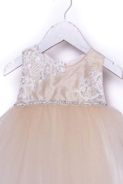 Luxurious Jaccard Top Baby Dress with Beaded Applique White & Ivory