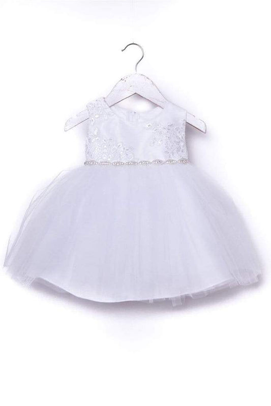 Luxurious Jaccard Top Baby Dress with Beaded Applique - White & Ivory