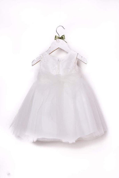 Luxurious Jaccard Top Baby Dress with Beaded Applique White & Ivory