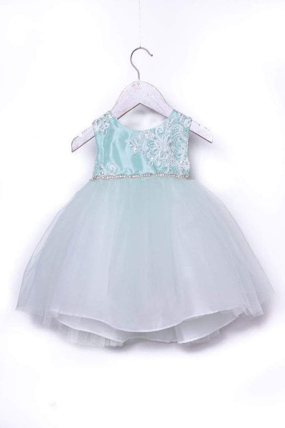 Luxurious Jaccard Top Baby Dress with Beaded Applique White & Ivory