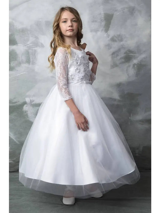 Long Lace Sleeve First Communion Gown With 3D Flower White Canada