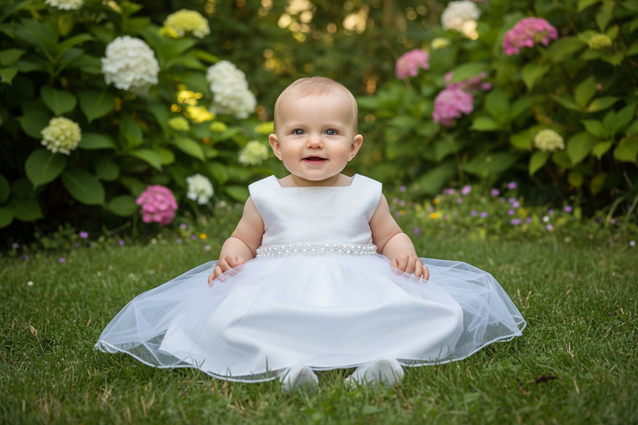 raw silk to baby dress pearl trim