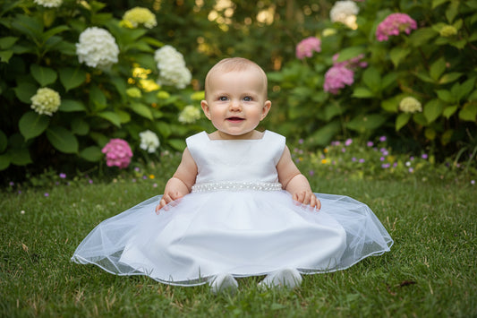 raw silk to baby dress pearl trim