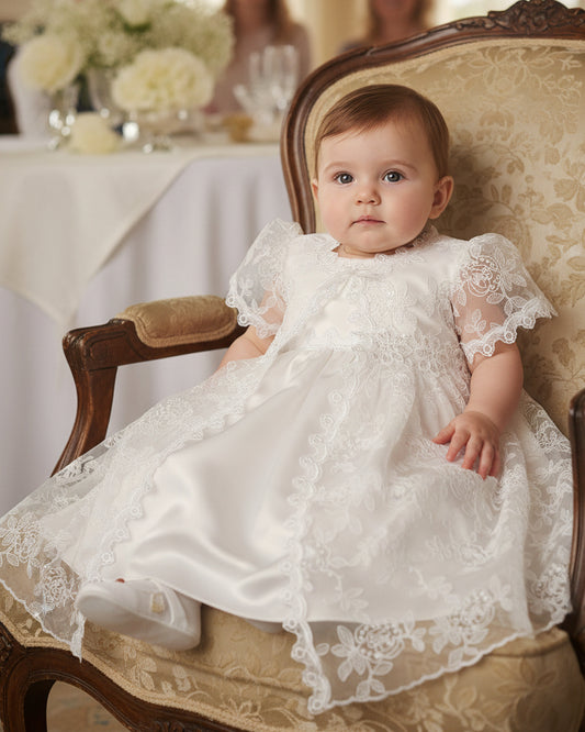 Sleeveless Satin Baptism Dress Lace Short Sleeve Cape White Canada  dress close 