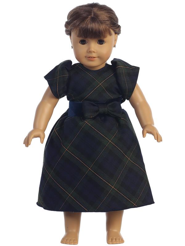 Black Watch Green Plaid Doll Dress Front View
