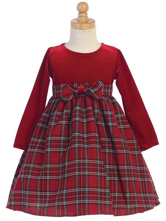 Christmas Plaid Long Sleeve Girls Holiday Dress Red  front View