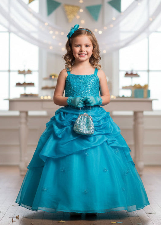 Fancy Sequined Girls Formal Gown Turquoise Front View