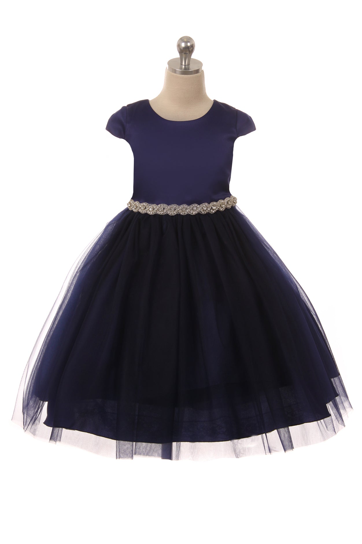 Fitted Cap Sleeve Girls Dress Navy Front View