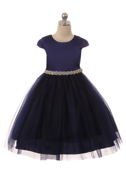 Fitted Cap Sleeve Girls Dress Navy Front View