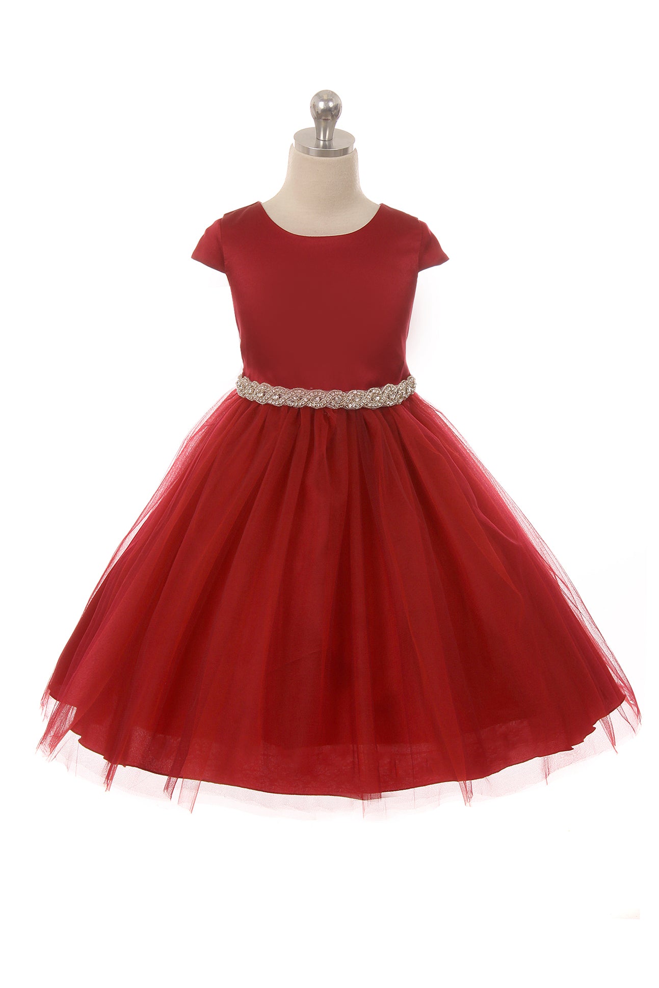 Fitted Cap Sleeve Girls Dress Red Front View