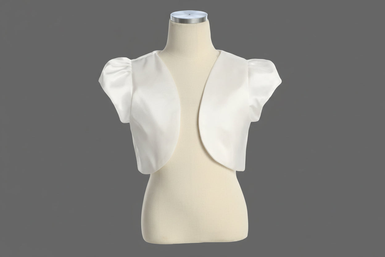 Girls Short Sleeve Satin Bolero – White & Ivory Flower Girl & Communion
