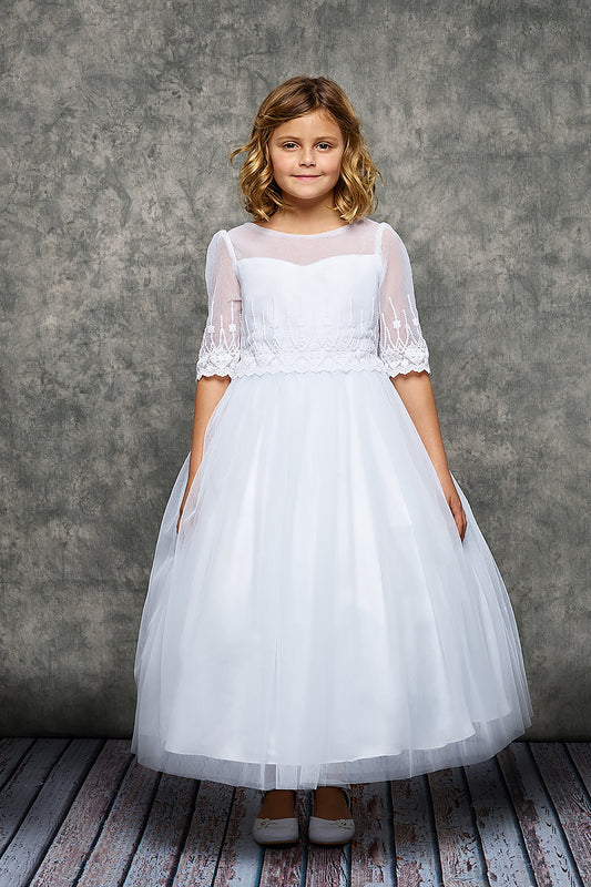 A Embroidery Mesh Half Sleeve Girls Dress -White