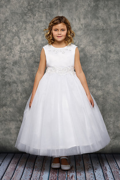 Luxurious Flora Trim Girls Dress White Front Live View