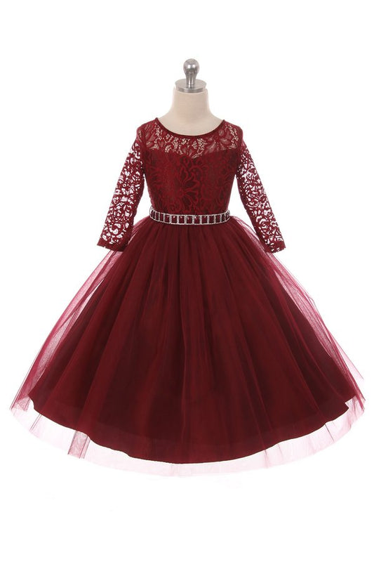 Long Sleeve Stretchy Lace Girls Dress - Burgundy