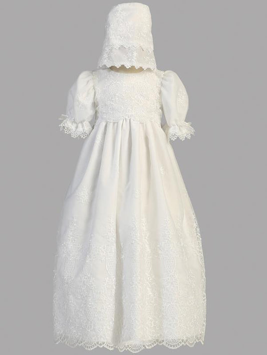 Ornate Organza Embroidered Baptism Gown Three Quarter Sleeve Canada