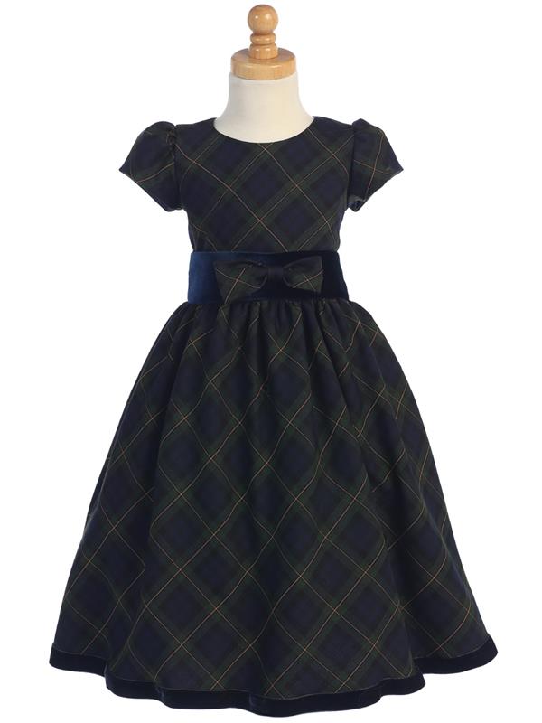 Royal Stewart Tartan Cap Sleeve Girls Holiday Dress Green Plaid Front View
