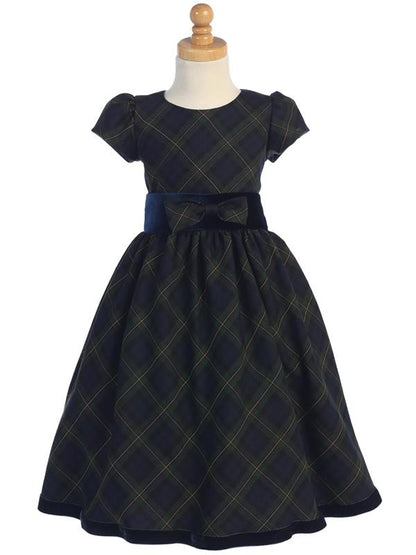 Royal Stewart Tartan Cap Sleeve Girls Holiday Dress Green Plaid Front View