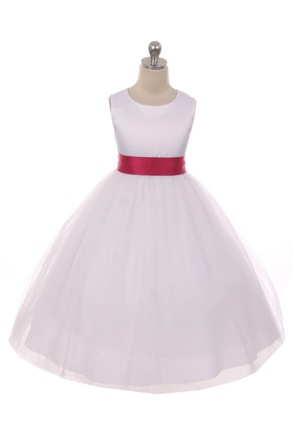 Satin Sash & Bow Girls Dress Tea Length White Front View