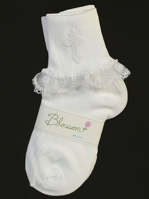 White Lace Baptism Socks Embroidered Cross Canada