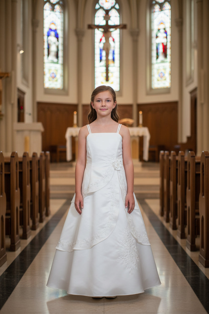 White embroidered First Holy Communion gown with matching shawl front view - floor-length A-line dress with vine embroidery Greater Toronto Area Canada